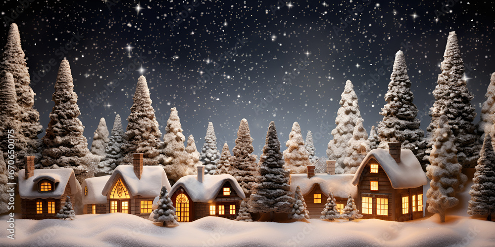 A lovely depiction of a village's winter environment and a Christmas house outside for Christmas  trees with background 