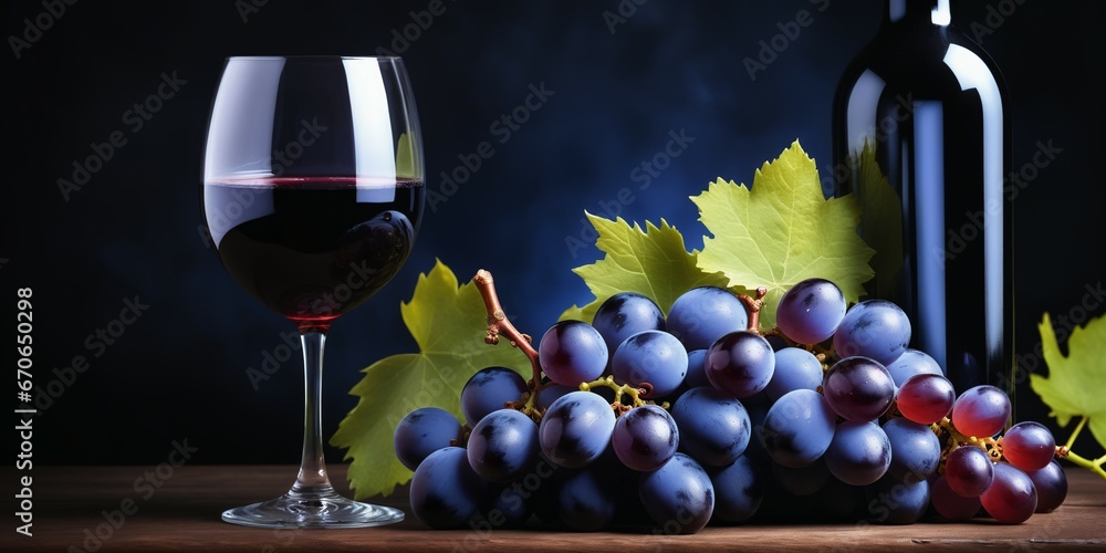 Bottle and glasses of red wine and grape fruits, composition on wooden table and dark background