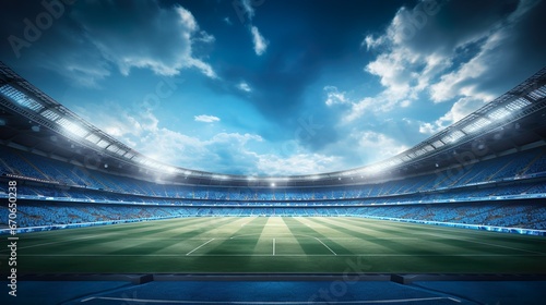 Soccer Stadium Under the Glowing Night Sky: A Field of Dreams, soccer stadium with green grass, illumination lights and dramatic night sky
