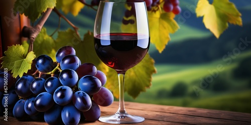 Bottle and glasses of red wine and grape fruits, composition on wooden table and dark background