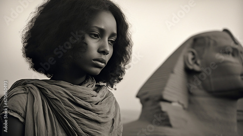 Vintage sepia toned B&W portrait of a young Ethiopian model in the sahara desert. In the style of a documentary movie still. 