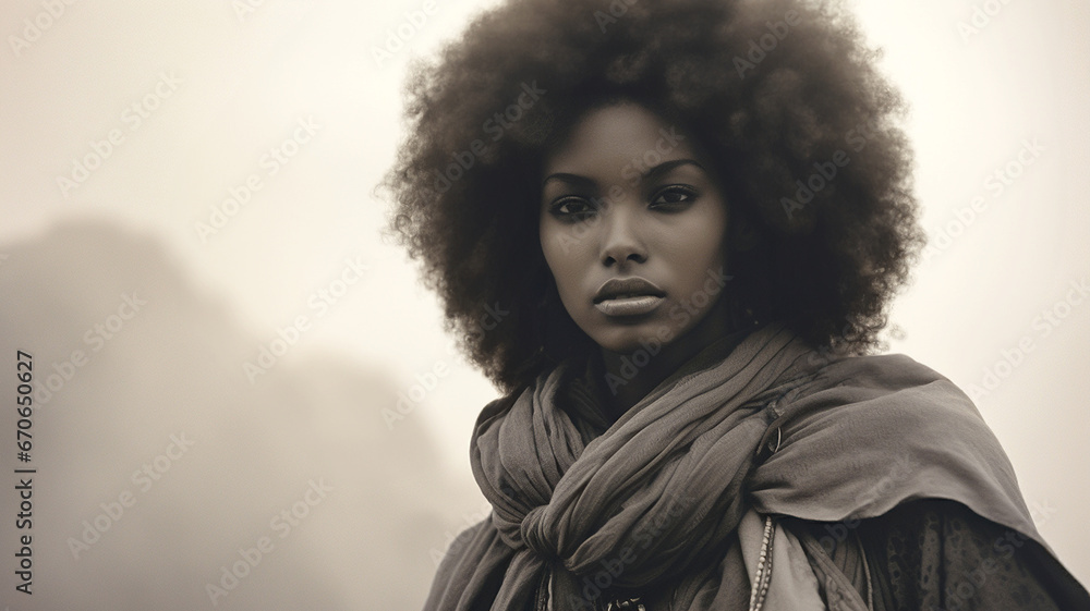 Vintage sepia toned B&W portrait of a young Ethiopian model in the sahara desert. In the style of a documentary movie still.  - obrazy, fototapety, plakaty 