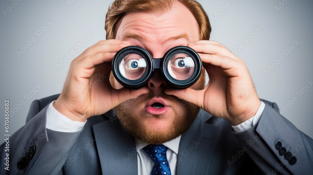 A man in a suit looks through binoculars. A businessman is keeping watch. Concept of looking for opportunity, job, success, etc. Illustration for cover, interior design, banner, brochure, presentation A man in a suit looks through binoculars. A businessman is keeping watch. Concept of looking for opportunity, job, success, etc. Illustration for cover, interior design, banner, brochure, presentation
