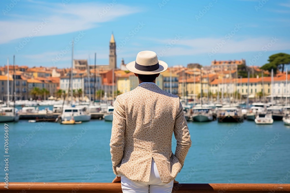 Back view of man in vacation in france