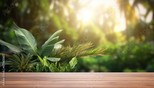 An empty wooden table top against the background of tropical trees