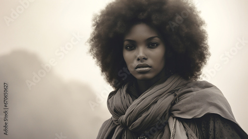Vintage sepia toned B&W portrait of a young Ethiopian model in the sahara desert. In the style of a documentary movie still.  photo