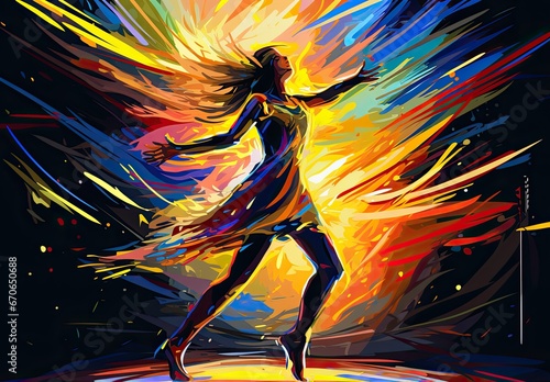 A girl dances dynamically in a club in the style of a painted picture. Digital art. Illustration for cover, card,  interior design, banner, poster, brochure or presentation. © Login