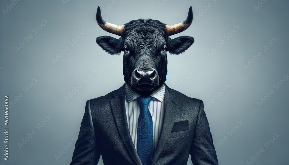 Business bull concept: Confident alpha male with bull head, sharp suit, symbolic leadership, strength, power. Surreal corporate illustration. Dominant figure in modern workplace Business bull concept: Confident alpha male with bull head, sharp suit, symbolic leadership, strength, power. Surreal corporate illustration. Dominant figure in modern workplace