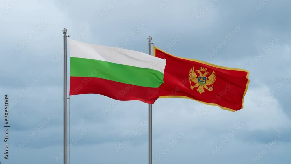 Montenegro and Bulgaria flag waving together on cloudy sky, endless seamless loop, two country cooperation concept Montenegro and Bulgaria flag waving together on cloudy sky, endless seamless loop, two country cooperation concept