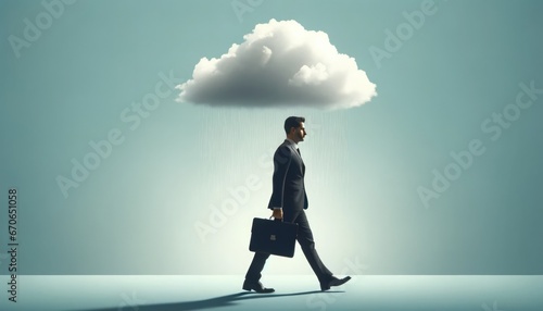 Man with cloud raining overhead: Artistic representation of 'under the weather' idiom. Visual metaphor for feeling unwell or downcast. Modern, moody ambiance with subtle color palette.