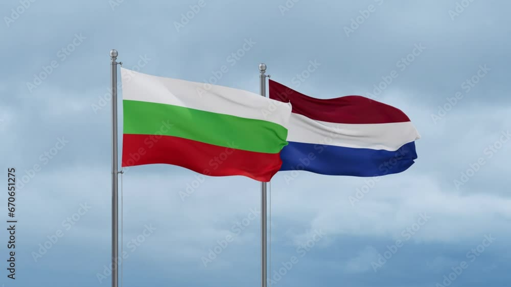 Netherlands flag and Bulgaria flag waving together on cloudy sky, endless seamless loop, two country relations concept Netherlands flag and Bulgaria flag waving together on cloudy sky, endless seamless loop, two country relations concept