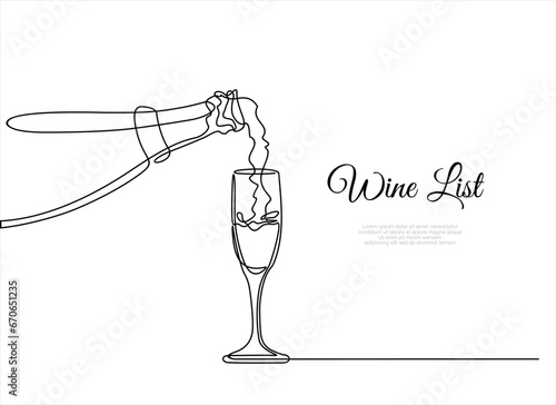 Wine list. Continuous One line drawing of Prosecco glass. The process of pouring wine into a glass. Pours champagne from a bottle into a glass. Line art.Illustration with quote template. 