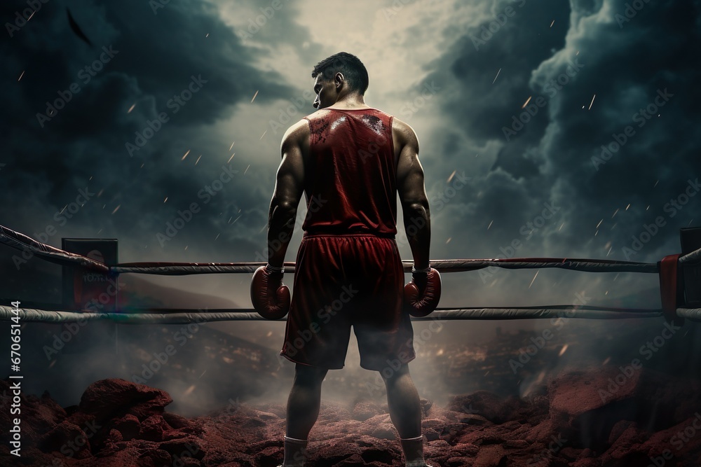 A Man Boxing with Red Gloves in the Rain at a Ring under the Dramatic Night Sky