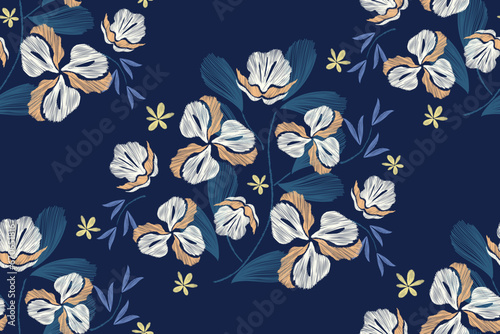 Floral embroidery pattern seamless paisley patches border with orchid flower motifs background border oriental Japanese style. Ikat pattern seamless vector illustration design .