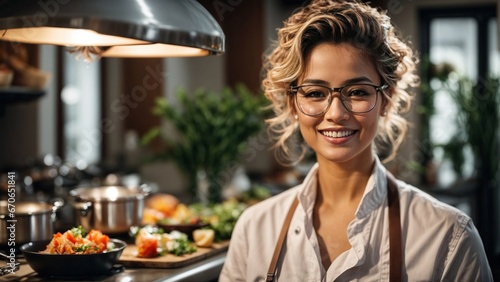Close-up high-resolution image of a happy chef cooking in her modern kitchen. Generative AI. photo