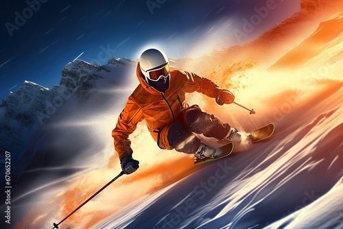 skier jumping in the snow mountains on the slope with his ski and professional equipment on a sunny day.