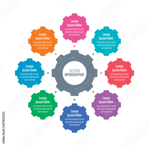 eight steps infographic template. web, internet, annual report, magazine information template. wheel and industrial infographic template