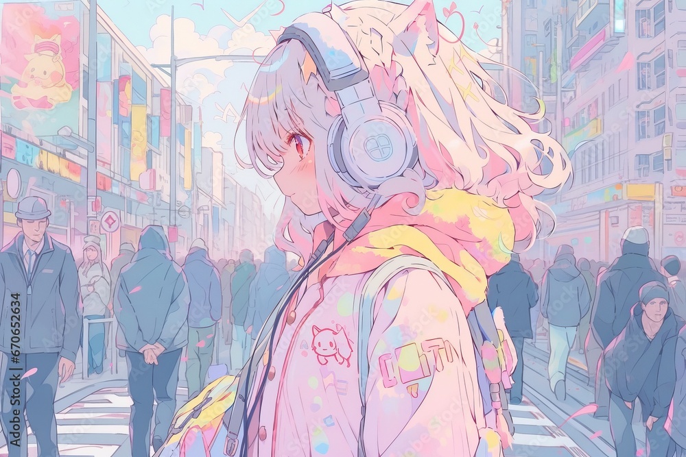 A girl walking on the streets of Harajuku, listening to music with stylish headphones 80s anime rainbow retro fashion - obrazy, fototapety, plakaty 