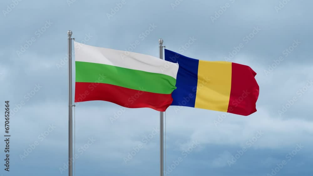 Romania and Bulgaria flag waving together on cloudy sky, endless seamless loop, two country cooperation concept Romania and Bulgaria flag waving together on cloudy sky, endless seamless loop, two country cooperation concept
