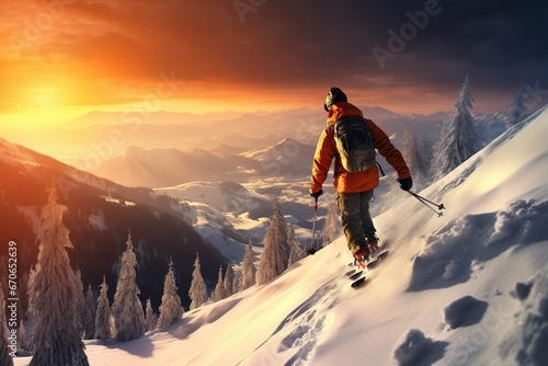 skier jumping in the snow mountains on the slope with his ski and professional equipment on a sunny day. photo