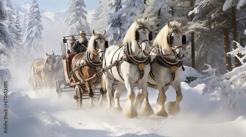 White Horses Gracefully Pulling a Carriage Across a Snowy Landscape
