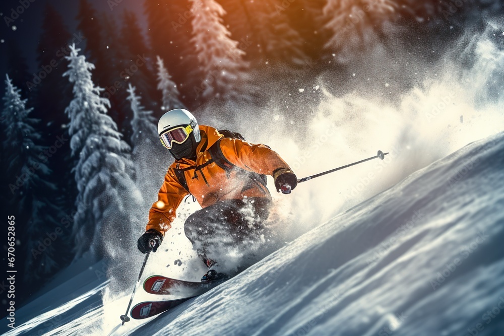 skier jumping in the snow mountains on the slope with his ski and professional equipment on a sunny day. - obrazy, fototapety, plakaty 