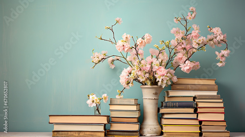 Neatly Ordered Hardcover Books on Shelves with cherry blosson in vase