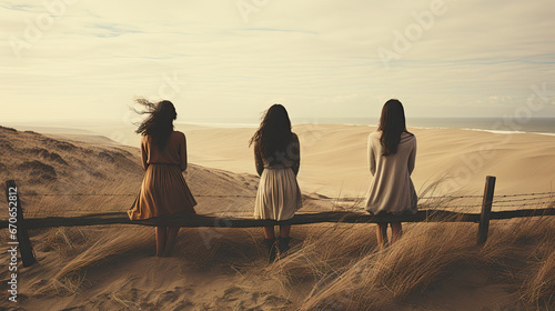 three women sit solemnly on sand dune fence © Ai Inspire