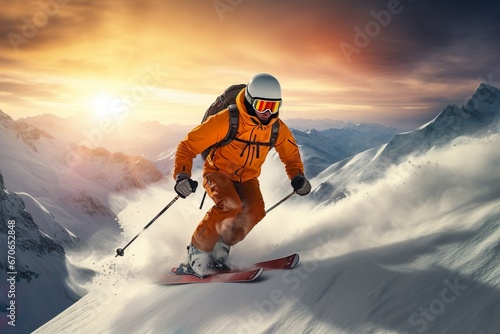 skier jumping in the snow mountains on the slope with his ski and professional equipment on a sunny day. photo