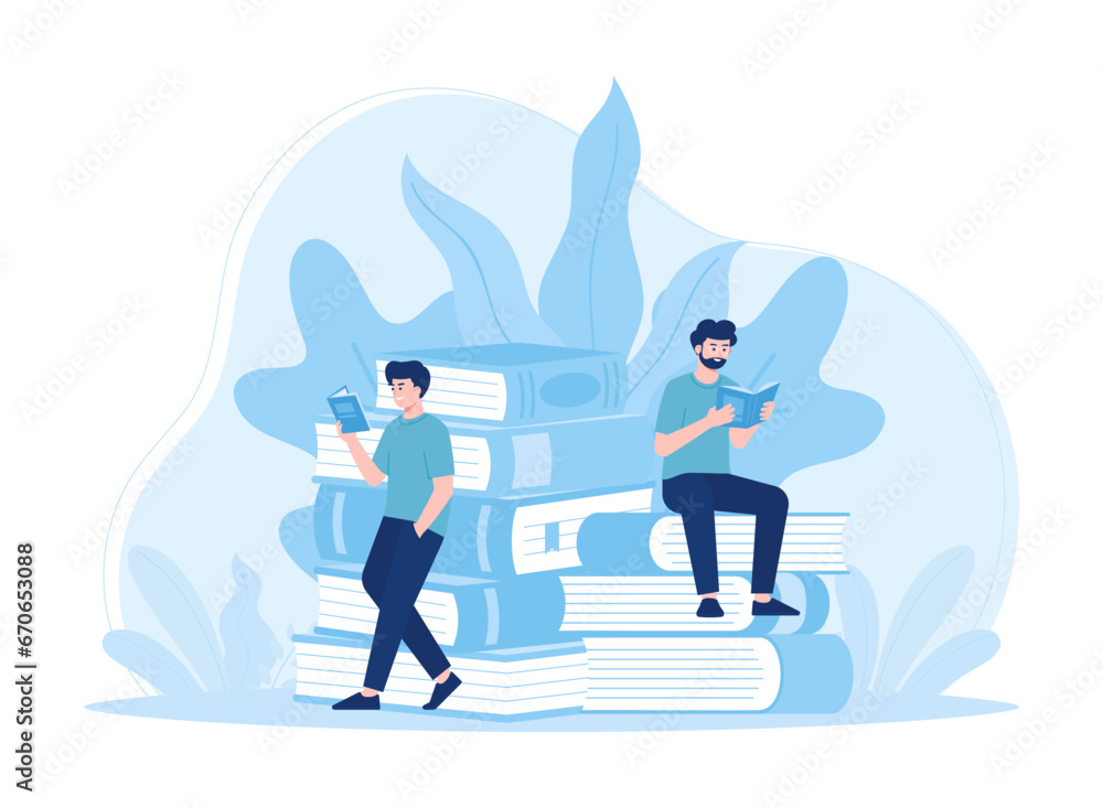 Students sit on books and read concept flat illustration
