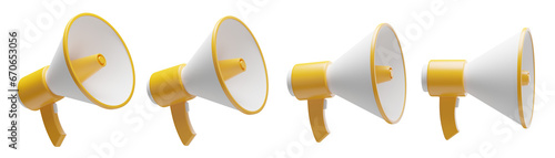set of 3d megaphones with transparent background, PNG, 3d render speaker, orange bullhorn
