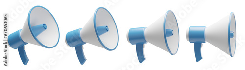 set of 3d megaphones with transparent background, PNG, 3d render speaker, blue bullhorn photo