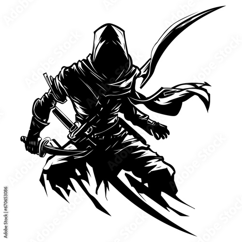 Assassin black and white stock vector illustration, assassin  in a hood, ancient assassin silhouette , black and white stock vector image