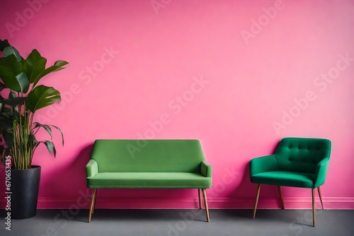 A green seat faces a pink wall