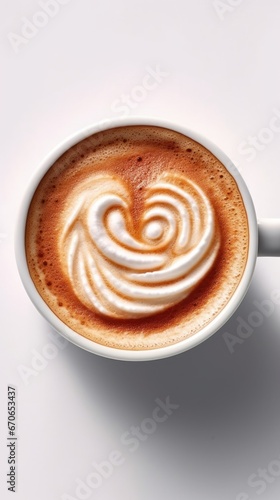 Cup of cappuccino with heart shape on white background. Latte Art Concept With Copy Space