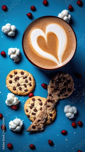Cup of cappuccino with heart shape from chocolate and cookies on blue background. Latte Art Concept With Copy Space