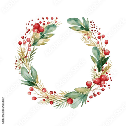 Christmas wreath with Poinsettia flowers, cranberry and holly berry and golden line border for holiday card decor