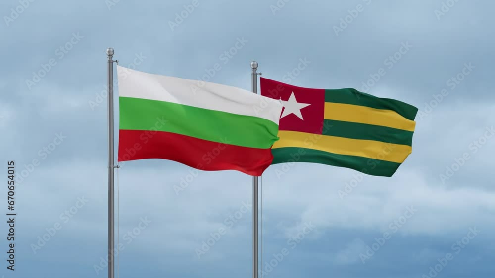 Togo, Togolese Republic and Bulgaria flag waving together on cloudy sky, endless seamless loop, two country cooperation concept Togo, Togolese Republic and Bulgaria flag waving together on cloudy sky, endless seamless loop, two country cooperation concept