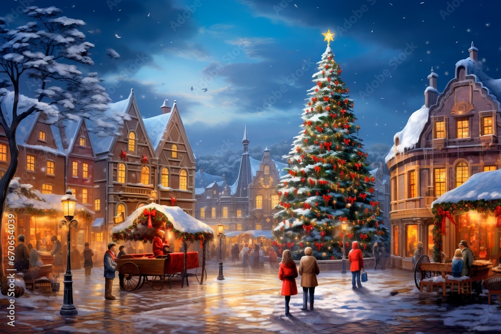 traditional christmas village in the snow. with huge decorated christmas tree Winter village landscape. Celebrate the Christmas and New Year holidays Christmas card. Christmas concept