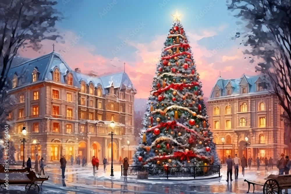 Fototapeta premium traditional christmas village in the snow. with huge decorated christmas tree Winter village landscape. Celebrate the Christmas and New Year holidays Christmas card. Christmas concept