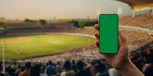 Fotomurale Indian male fan using phone during cricket game on a stadium, making bet