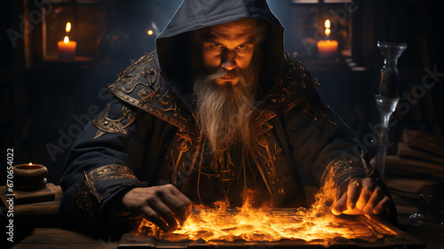 Dark hooded figure, fantasy character. Sinister wizard or warlock conjuring dark spells with a tome.