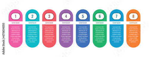 eight steps infographic template. color cards informational template. internet, business, web, annual report, magazine infographic template