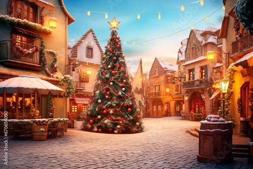traditional christmas village in the snow. with huge decorated christmas tree Winter village landscape. Celebrate the Christmas and New Year holidays Christmas card. Christmas concept photo