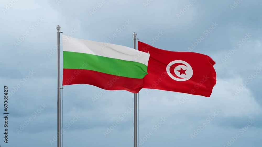 Tunisia and Bulgaria flag waving together on cloudy sky, endless seamless loop, two country cooperation concept Tunisia and Bulgaria flag waving together on cloudy sky, endless seamless loop, two country cooperation concept