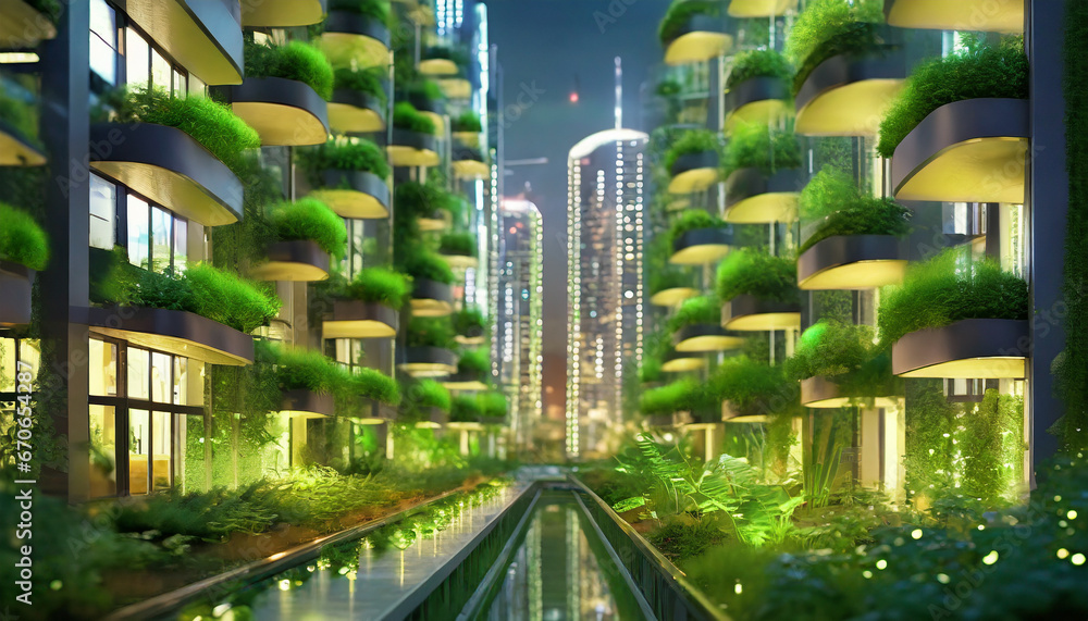 vibrant future cityscape, adorned with lush greenery, symbolizes eco-conscious optimism and sustainable urban development