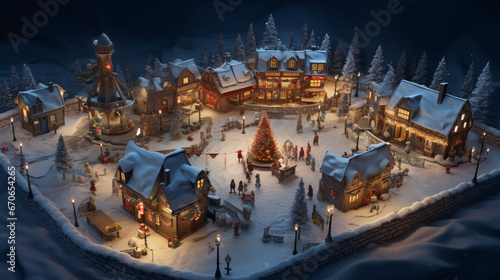 Realistic cozy small Christmas town by night isometric or birds eye view  © boti1985