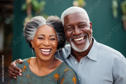 Loving black middle-aged couple sharing laughter sight reminding love source of joy and happiness. Grey-haired married couple in love sharing laughter serves reminder love wellspring of joy. photo