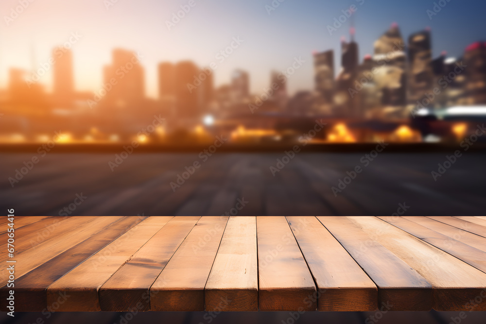 Empty wooden table light brown wood texture Blurred background, night city, bokeh, surreal lights Empty wooden table light brown wood texture Blurred background, night city, bokeh, surreal lights