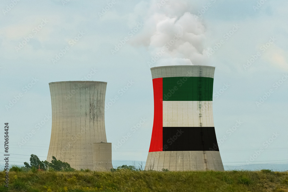 The UAE flag is displayed on the cooling tower of the nuclear power plant The UAE flag is displayed on the cooling tower of the nuclear power plant